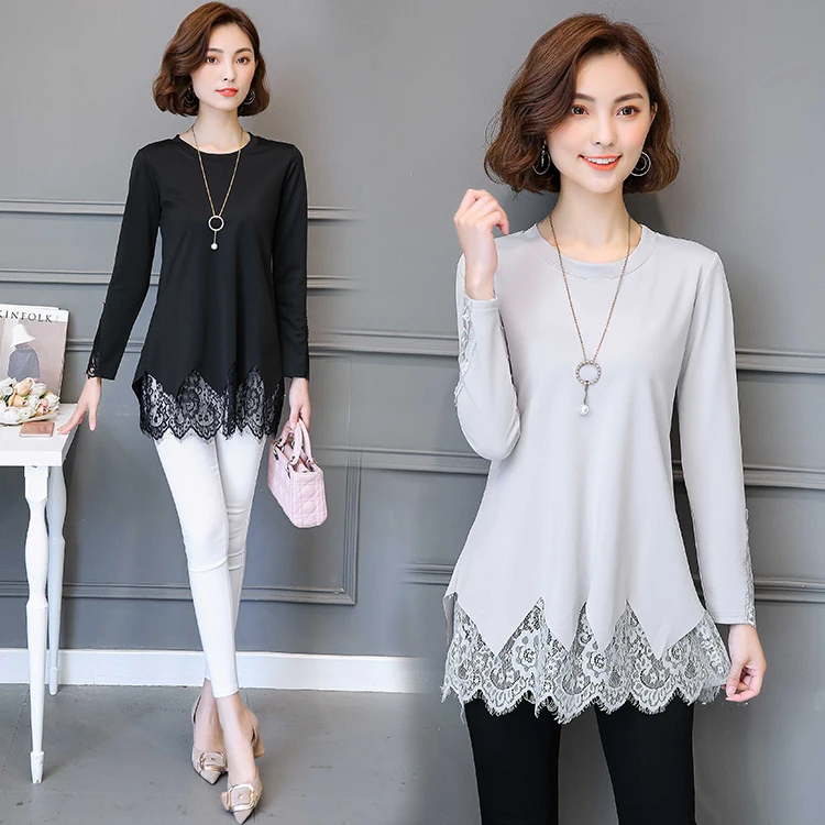 Winter Basic Shirts Blouses Hot Sales Women Fashion Long Sleeve Patchwork Hollow Out Top Pink Black Lace Tunic Blouse 3712 |
