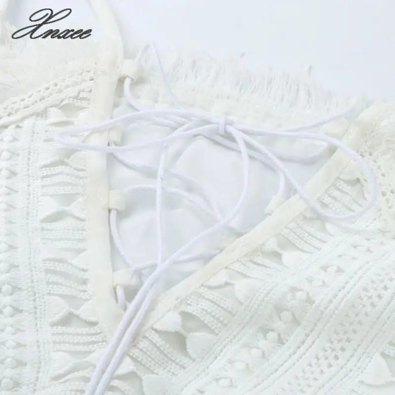 

Halter V Neck Women Blouse Half Sleeve Off Shoulder Lace Chiffon Blouse Bohemian Tassel Slim White Blouse