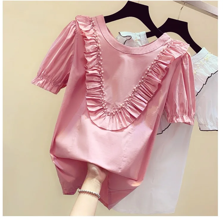 

2019 Summer New Lotus Leaf Side Nailed Pearl Shirt Womens Sweet Bubble Short-sleeved t-shirt Ladies Loose Leisure Tops Students