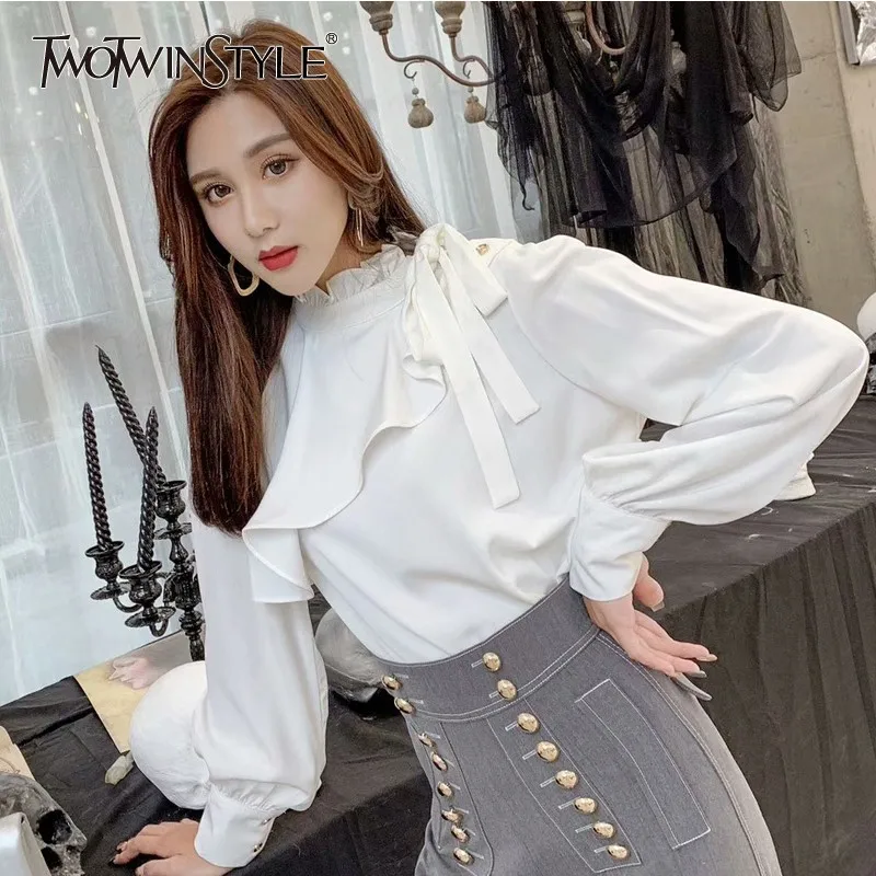 TWOTWINSTYLE Корейская белая верхняя одежда женская с длинным рукавом повязки