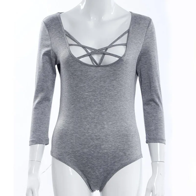 Хлопок с длинным рукавом боди v-образным вырезом бинты Тонкий Bodycon Сексуальная 2018