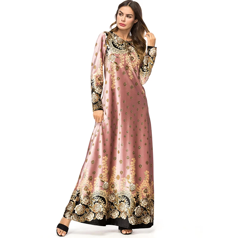 Women Autumn Winter Fashion Long Robe O-Neck Sleeve Print Flowers Dress Dubai Turkish Islamic Clothing | Женская одежда