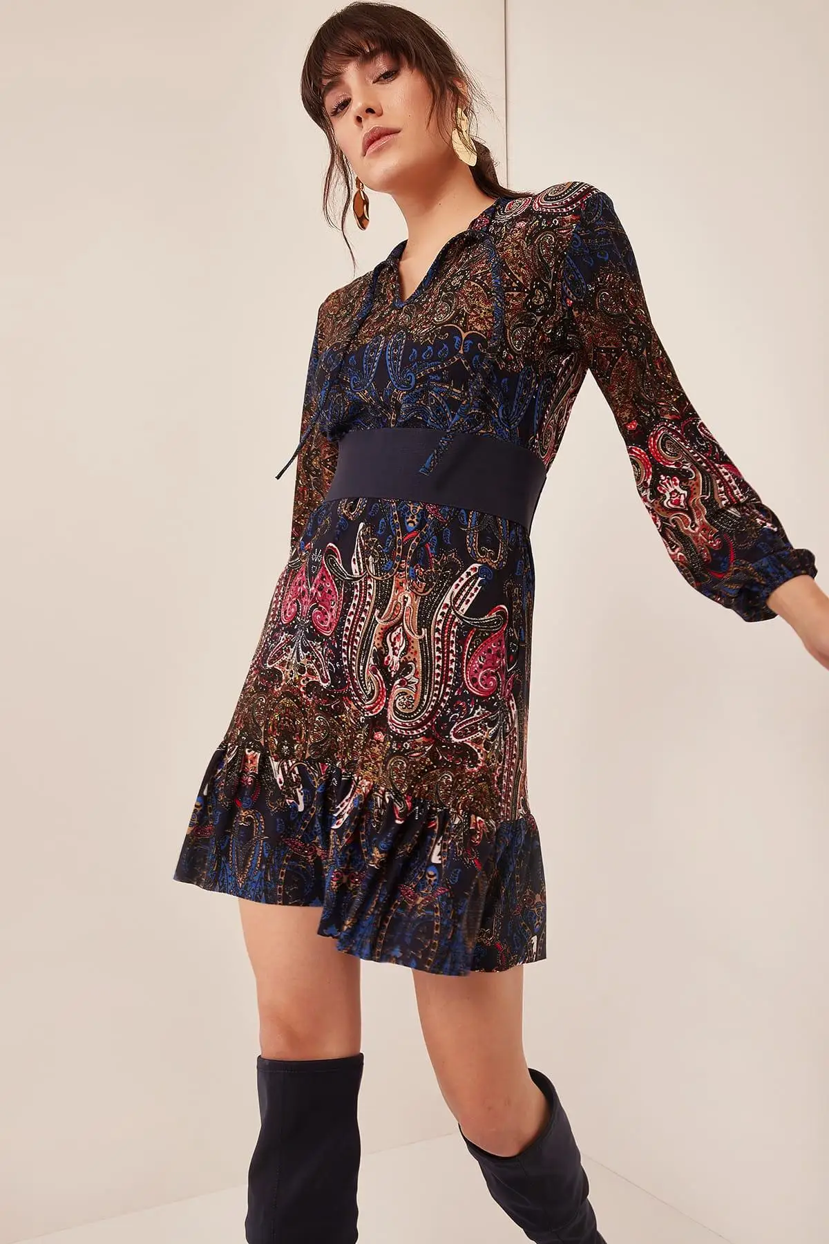 Женская темно-синяя боковая юбка с ластовицей v-образный вырез платье ELB-19000036 |