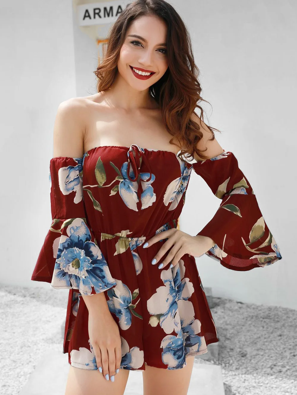 Новинка 2019 женский комбинезон Kenancy с цветочным принтом Летний открытыми плечами