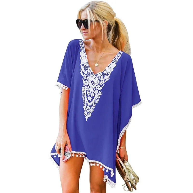 Женский пляжный чехол с кисточками коротким рукавом свободный v-образный вырез