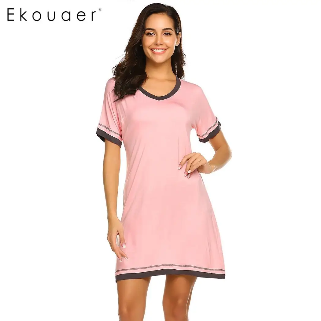 Ekouaer Women Cotton Nightgown Sleep Dress Short Sleeve Loose Nightdress Home Nightwear Ladies Cozy Chemise Sleepshirts | Женская одежда