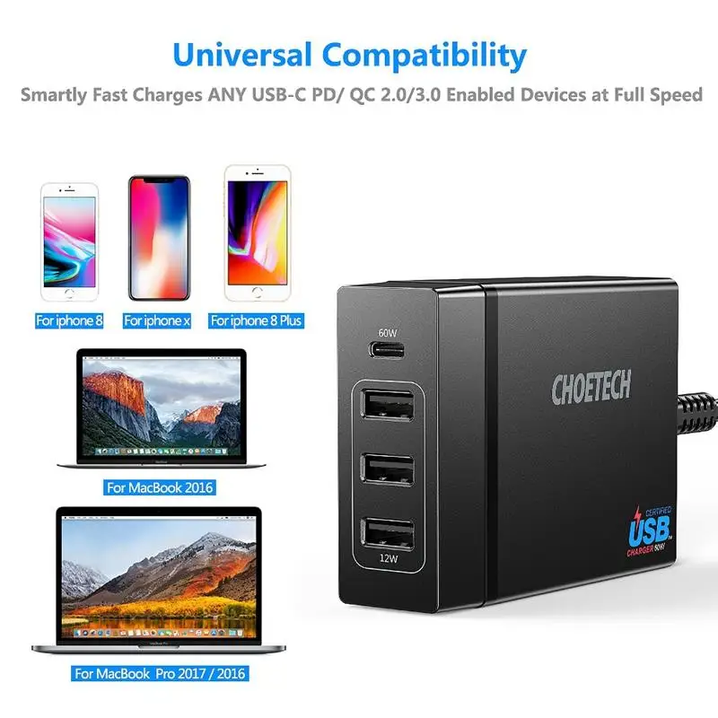 Choetech 72 Вт 4 порта Usb Type C настольная зарядная станция с доставкой питания для Iphone X 8