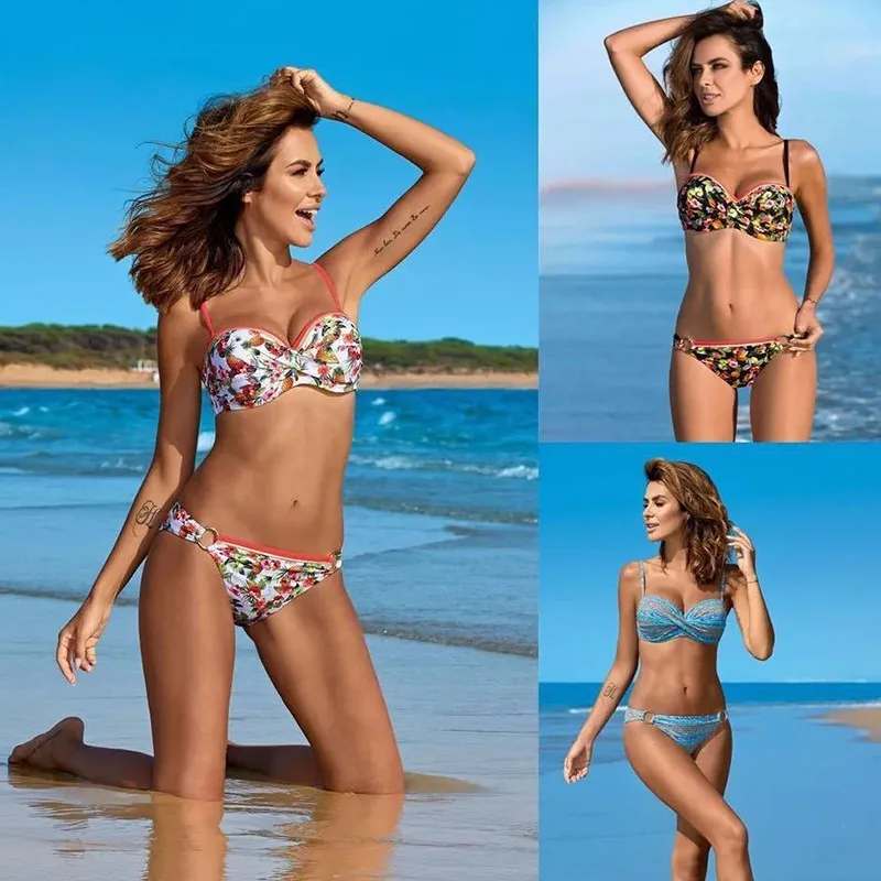 COKAGO Floral Print Micro Bikini Set Push Up With Pad Summer Sexy Beach XL Plus Size Swimwear Separate Women 2019 Strap Badpak |