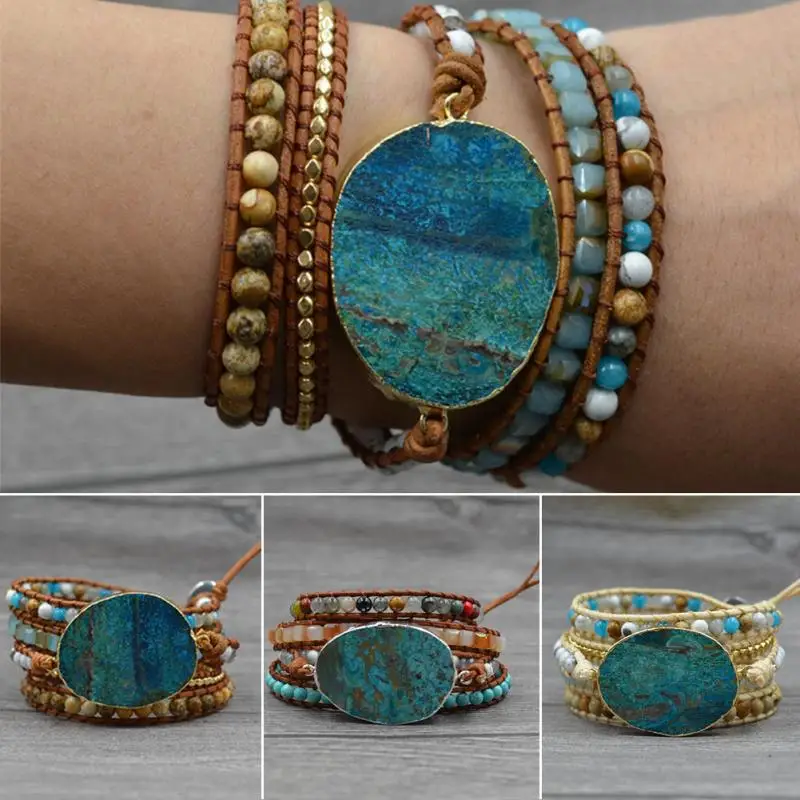 Богемский кожаный браслет с бусинами унисекс камнями океана винтажный Шикарный
