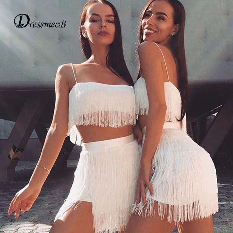 DRESSMECB сексуальное платье с кисточками Женский комплект из двух предметов на