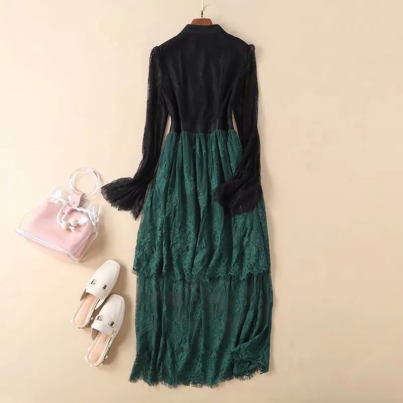 Женское кружевное платье CHICEVER зеленое с о-образной горловиной широким рукавом и