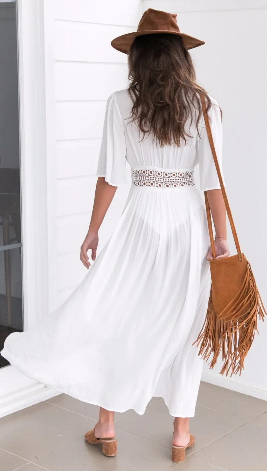

New Lady Bohemian Women White Color Hollow Out Long Dresses V-neck Boho Maxi Beach Vestidos Femme Party Dress
