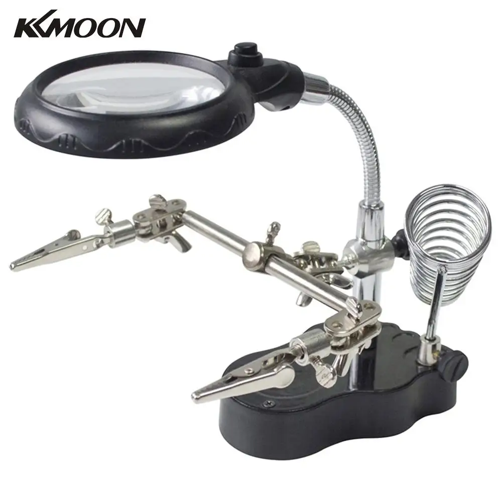 

LED Glasses Magnifying Magnifier Glass with Light on Stand Clamp third hand soldering Free Black
