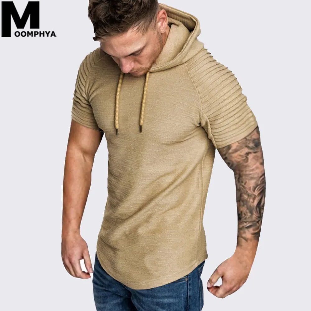 

Moomphya 2019 New Pleated shoulder short sleeve hooded men t shirt Streetwear hip hop t-shirt men Curve hem tshirt male