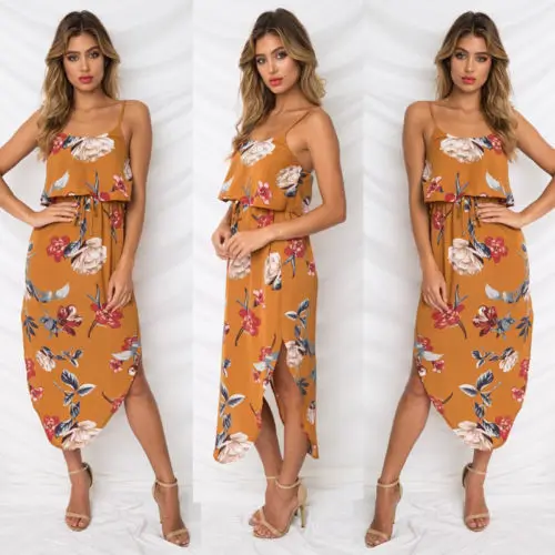 Для женщин Лето Boho короткие Макси Цветочный платье без рукавов Вечерние