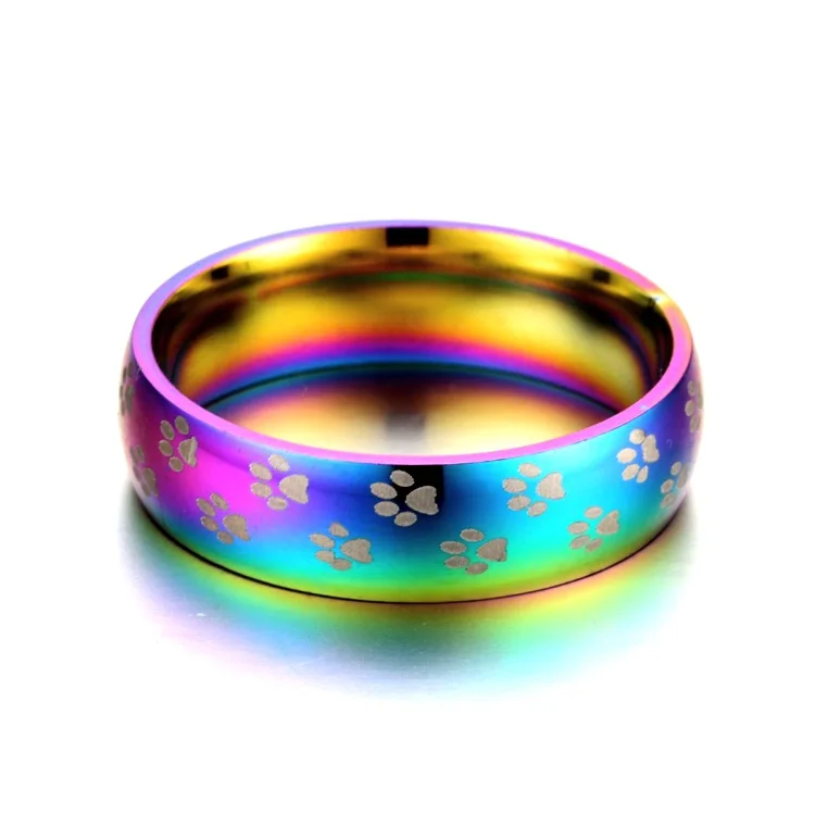 Fashion Stainless Steel Colorful Rainbow Cute Paw Printing Wedding Ring Women Men Jewelry | Украшения и аксессуары