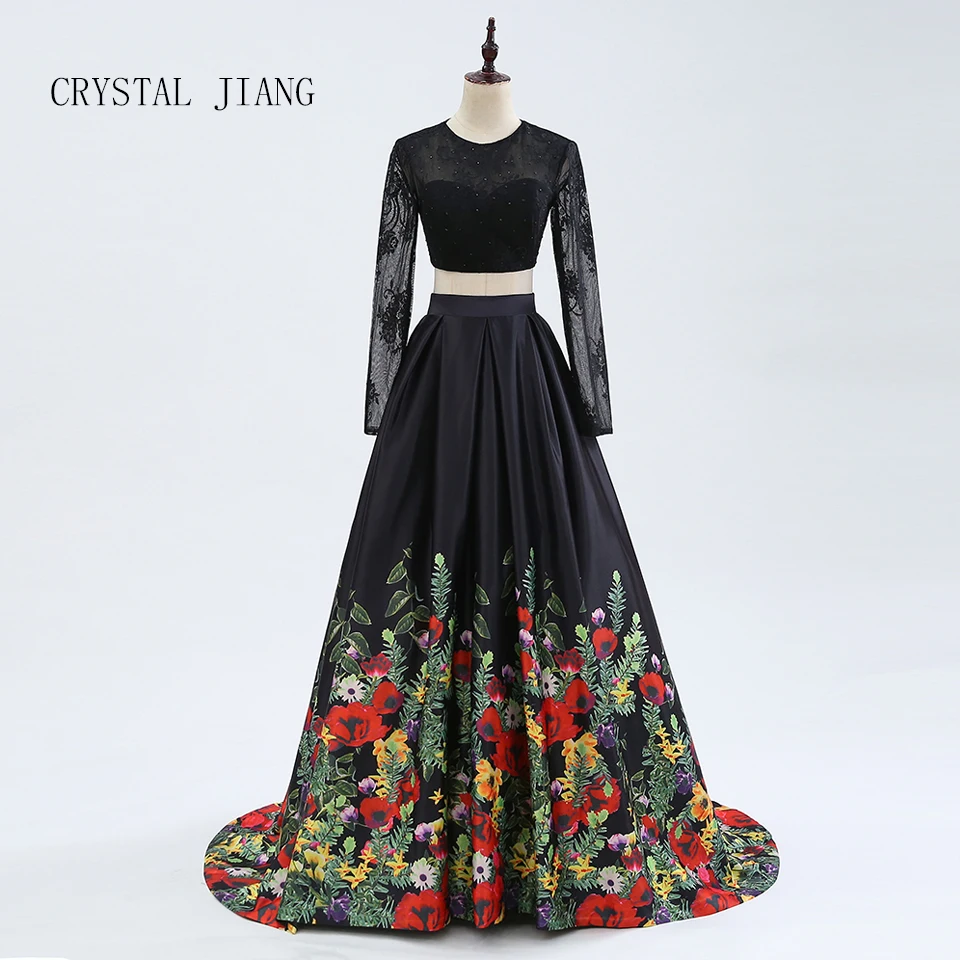 

CRYSTAL JIANG 2019 Two Pieces Black Long Sleeves Sexy Open Back Custom made A Line Sweep Train Floral Printed Evening Dresses