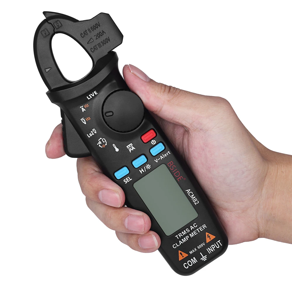 Bside ACM82 Digital True RMS Mini Clamp Meter Auto Range 0.001A Current Test Hz Temp Ohm uF V-alert Live Check with Pocket Clip |