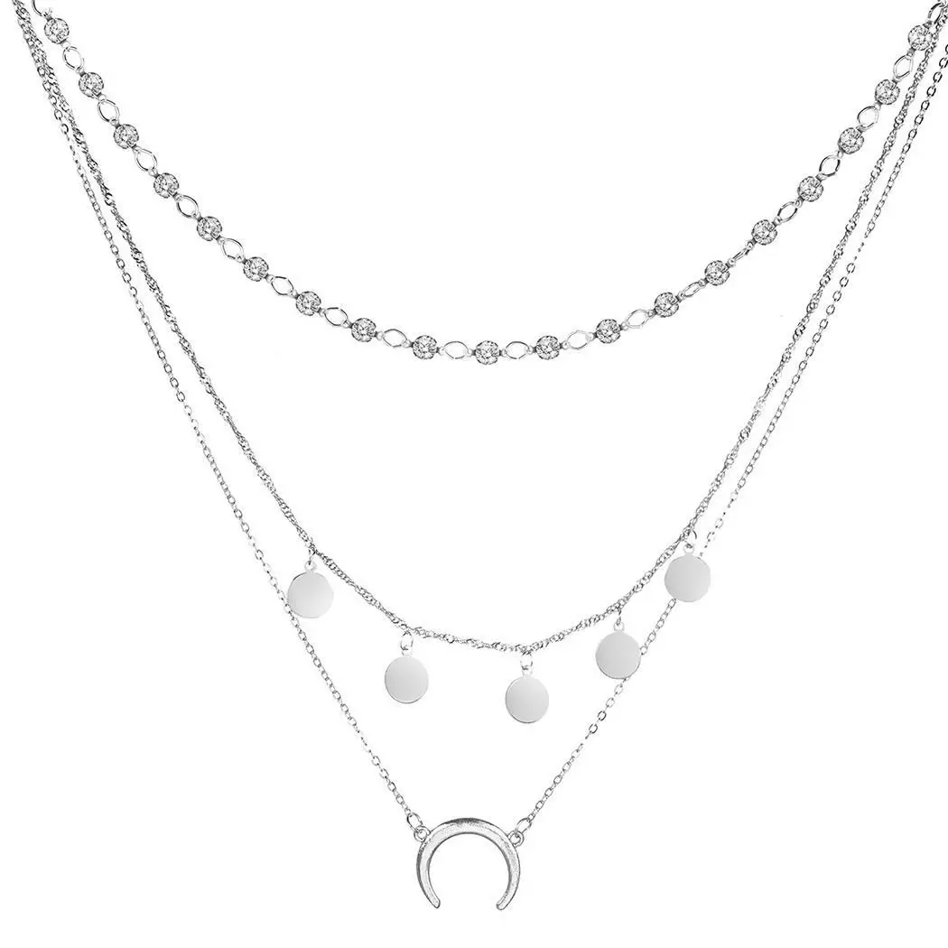 Для женщин Jewelry слоистых Луна блесток кулон горный хрусталь цепь колье Цепочки и