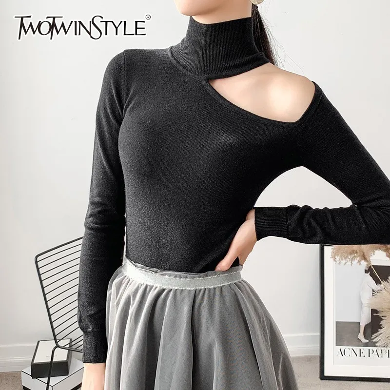 TWOTWINSTYLE Sexy Pullover Tops Female Hollow Out Off Shoulder Turtleneck Long Sleeve Women's Sweater Fashion 2019 Autumn Winter | Женская
