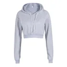 Новый женский модный однотонный укороченный топ с капюшоном и длинными рукавами, толстовка с капюшоном