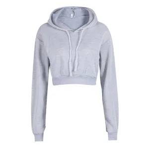 Новый женский модный однотонный укороченный топ с капюшоном и длинными рукавами, толстовка с капюшоном