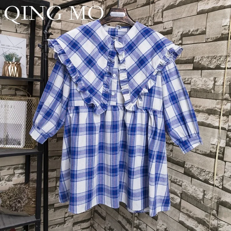 QING MO 2019 весна женское Сетчатое платье Синий Красный колледж Стиль Сладкий Лотос