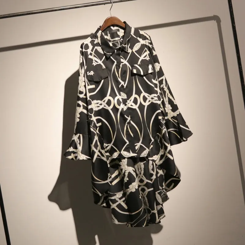 Фото VGH Spring Women Dress Flare Sleeve Lapel Single-breasted Loose Slim Irregular Hem Print Hit Color Female Dresses Fashion New Женская VGH Spring Women Dress Flare Sleeve Lapel Single-breasted Loose Slim Irregular Hem Print Hit Color Female Dresses Fashion New Женская