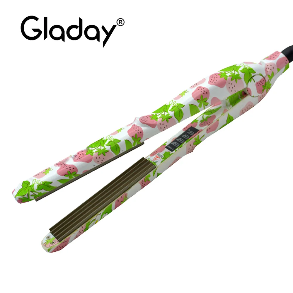 Утюжок для завивки волос Gladay гофрированная плойка розового цвета с контролем