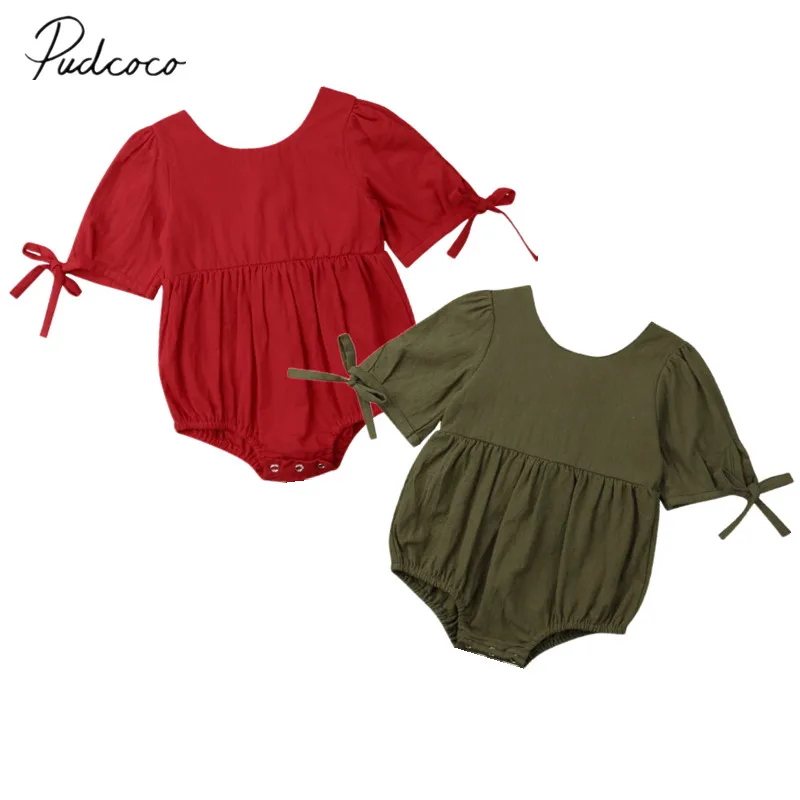 2019 Brand New Newborn Infant Baby Girls Solid Bodysuit Short Sleeve Bowknot Belt Jumpsuit Playsuit Casual Summer Clothes 0-24M | Детская