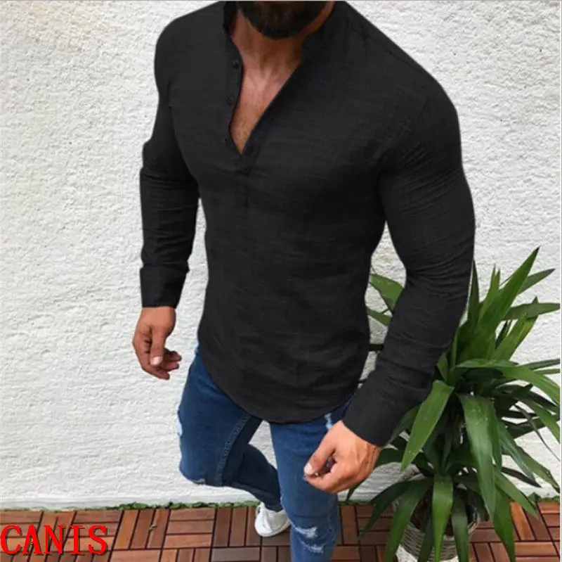 Men's Slim Fit V Neck Long Sleeve Muscle Tee T-shirt Casual Cotton Linen Tops T-shirts Men Clothes Fashion | Мужская одежда