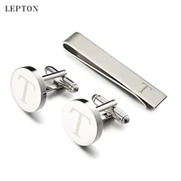 lepton round laser letter cufflinks and tie clips set letters t cuff links for mens french shirt cuffs cufflink relojes gemelos