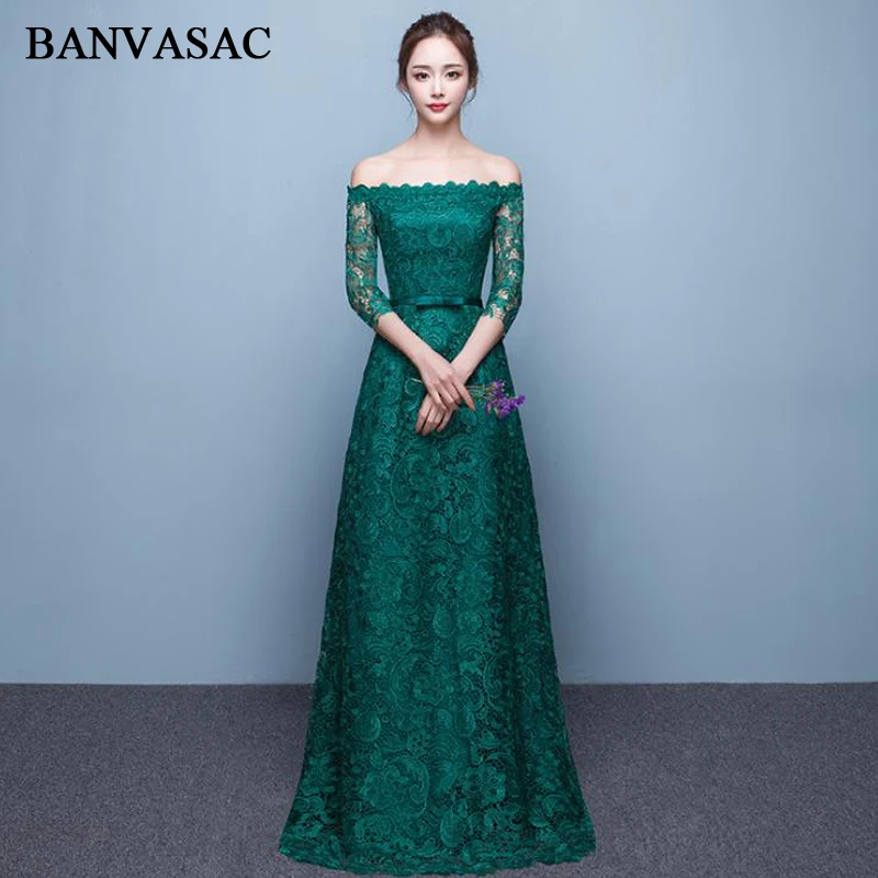 BANVASAC Elegant Boat Neck Lace Embroidery A Line Long Evening Dresses Party Half Sleeve Bow Sash Backless Prom Gowns | Свадьбы и