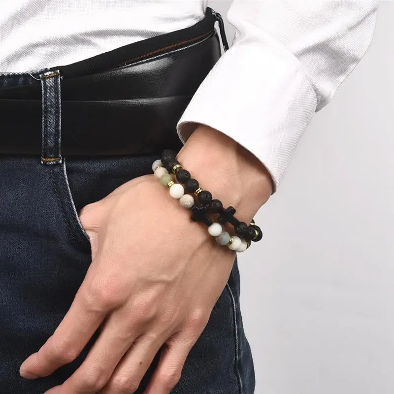 YAKAMOZ Simple Classic Stone Bead Charm Cross Bracelets for Men Handmade Boho Jewelry Gift Prayer Fitness Pulseira Feminina | Украшения и