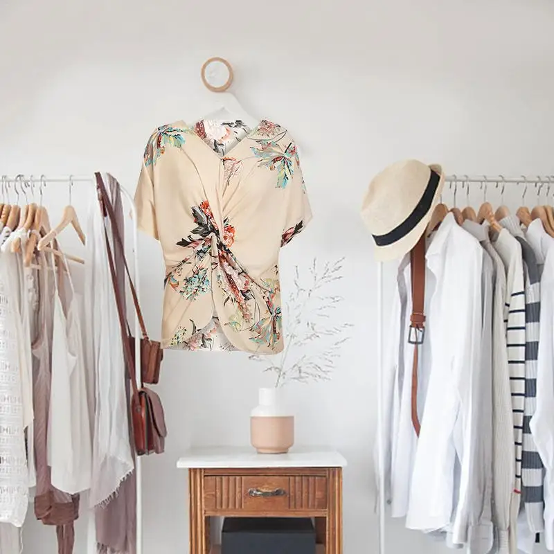 Женская футболка с коротким рукавом V образным вырезом и цветочным принтом лето