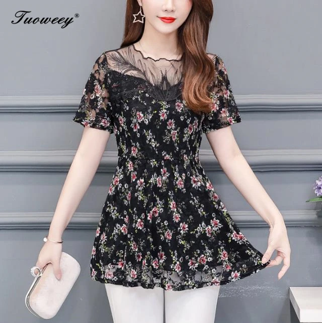 

Женские кружевные рубашки, элегантная коричневая офисная блузка размера плюс с круглым вырезом и коротким рукавом, топы с вырезами, лето 2019