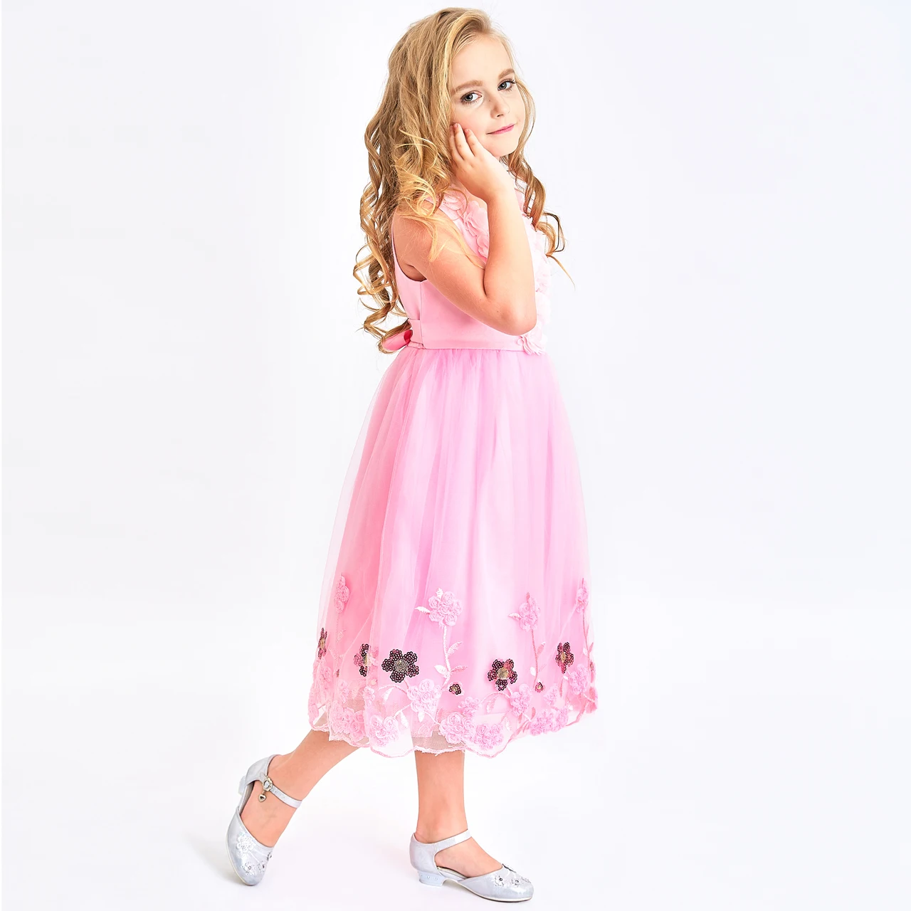 Sunny Fashion платья для девочек Цветок Розовый Цехин 3D Цветы 2020 Лето Принцесса Свадьба