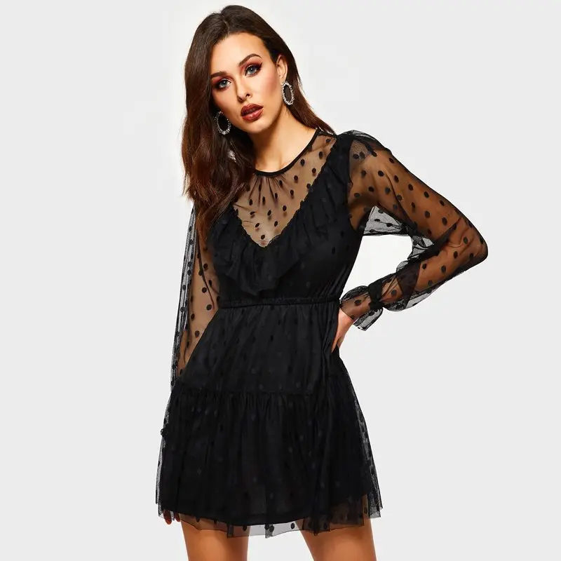 Женские мини-платья элегантные черные трапециевидные с оборками милые летние