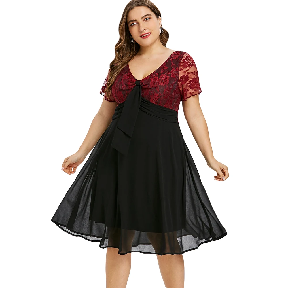 Rosegal Plus Size Dress Bowknot Embellished V Neck Lace Trim Two Tone A-Line Dresses Vintage Party 2018 Vestidos De Fiesta | Женская