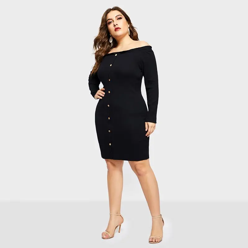 Для женщин Большие размеры облегающее платье элегантный сплошной черный с
