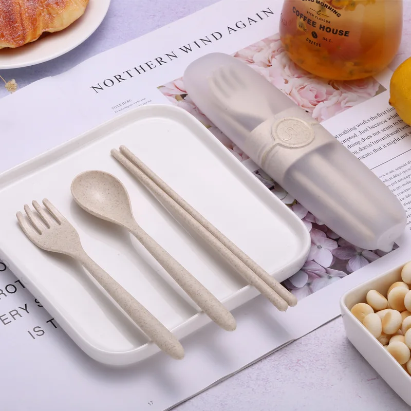 

BalleenShiny Wheat Straw 3pcs/set Tableware Set Portable Box Organizer Chopstick Spoon Dinnerware Set Outdoor Picnic BBQ Cutlery