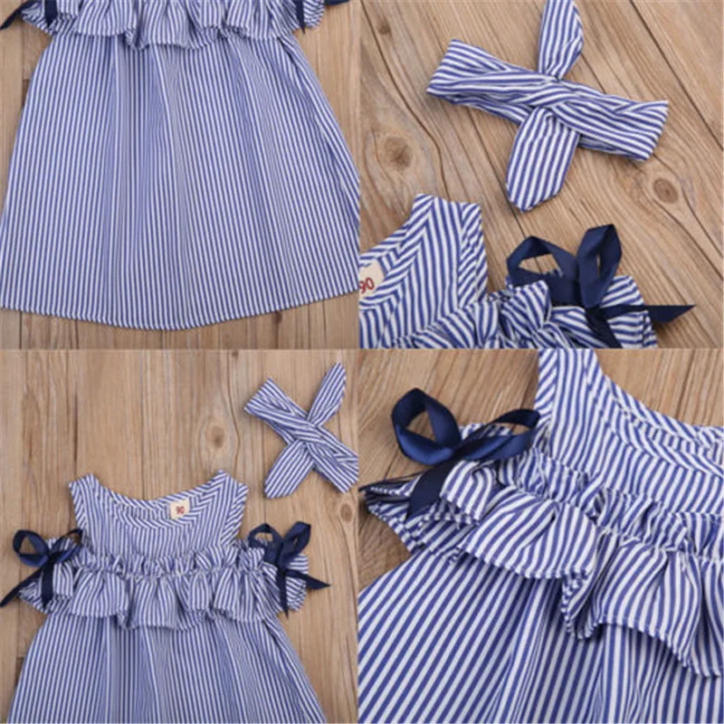 Summer Cute Toddler Baby Kid Girl Off Shoulder Ruffle Dress Button Up Striped Cotton Dress+Headband 2Pcs Set | Детская одежда и