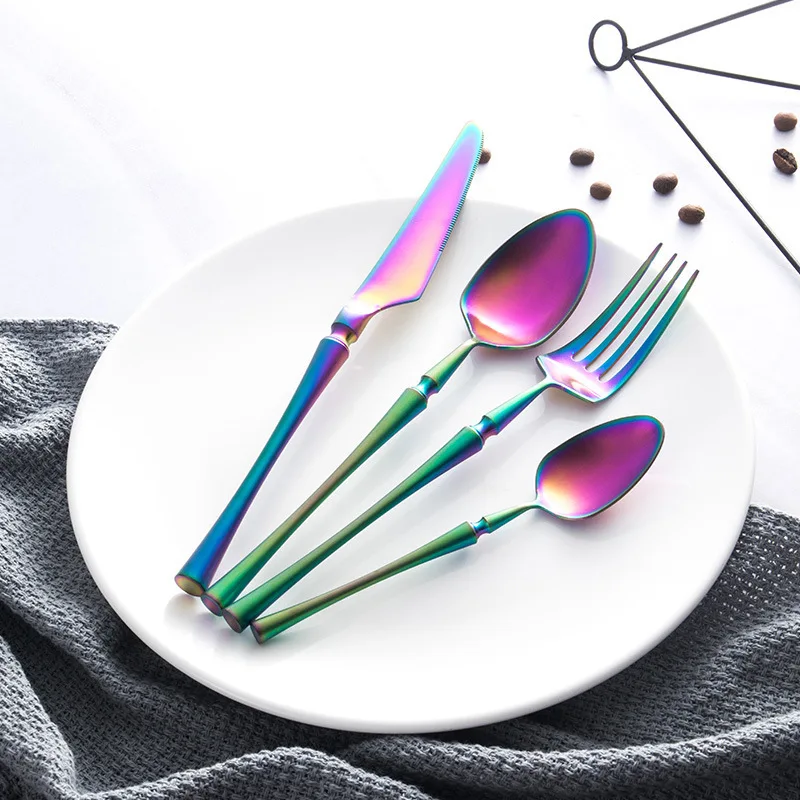 

Rainbow Cutlery 4pcs Set Spoon And Fork Set Silverware Stainless Steel Dinner Set Kitchen Food Dinnerware Christmas Dropshipping