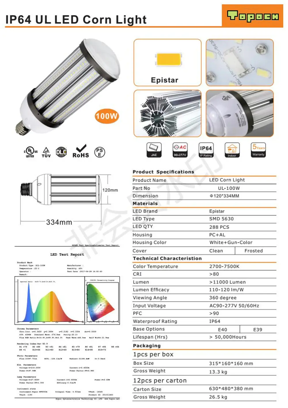 Topoch светодиодный лампы кукурузы 80W 100W 120W 120LM/Вт Сертификаты UL CE перечисленные 250W