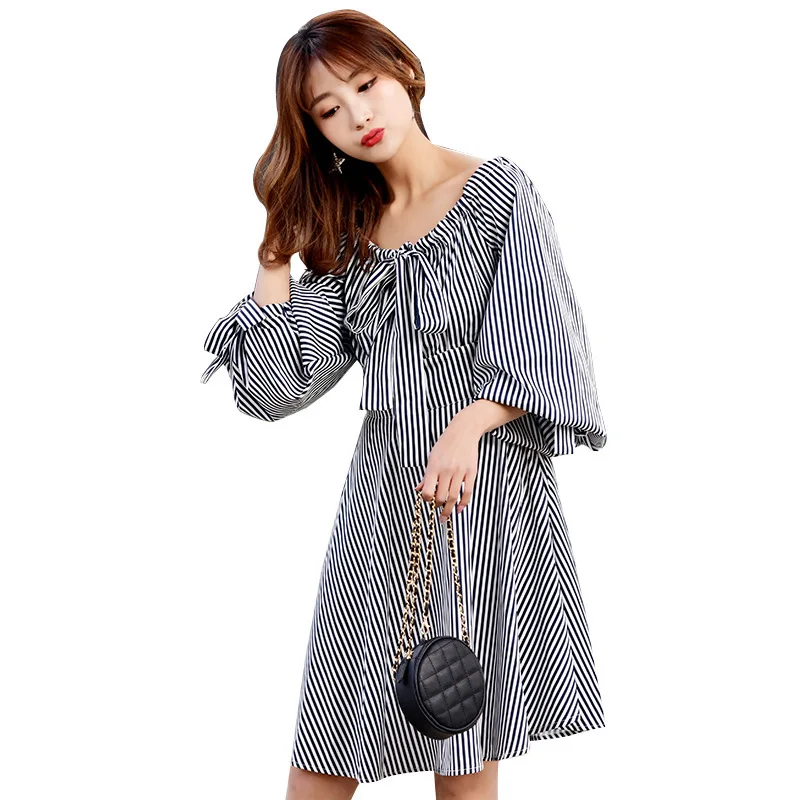[EWQ] 2019 summer new Korean style Stripe Lantern Sleeve Slash neck off Shoulder strap loose Ladies clothing women dress QG96901 |