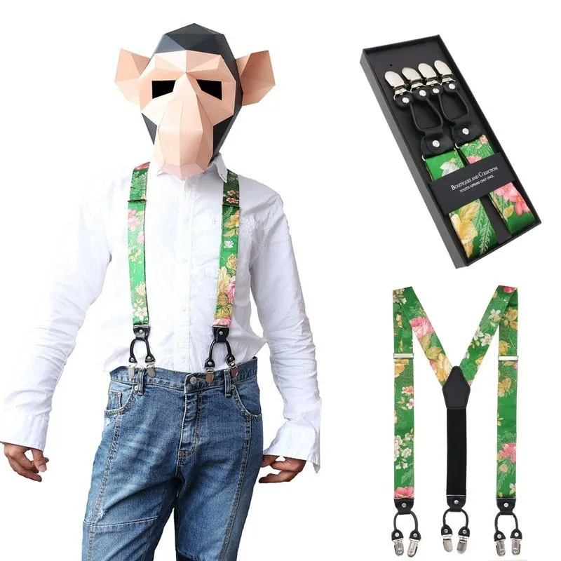 Цветочные брюки на подтяжках из натуральной кожи 6 зажимов текстиль неэластичная