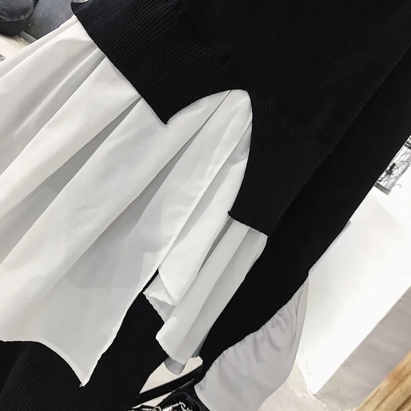 TWOTWINSTYLE Irregular Flare Sleeve Pullover Top Female Turtleneck Patchwork Knitting Sweater Women Korean Fashion 2019 Autumn | Женская