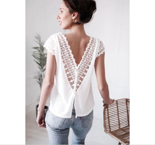 Top Loose Backless Lace V-neck Shirts Fashion Ladies Casual Blouse Tops Shirt Women Short Sleeve Summer Clothes |