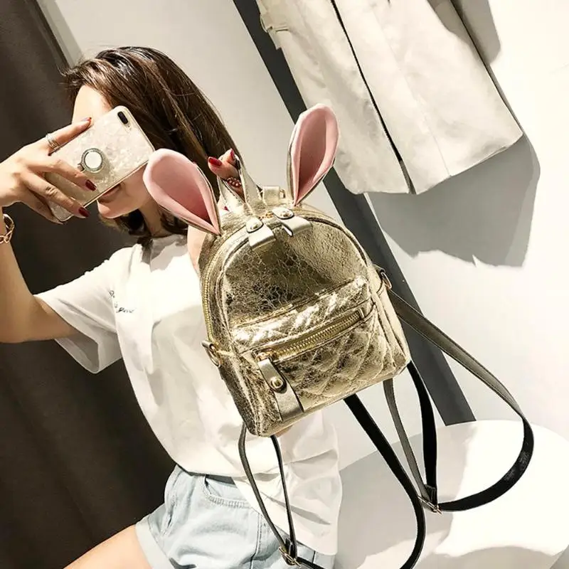 Мини рюкзак с заячьими ушками для женщин кожаный на плечо подростков школьные