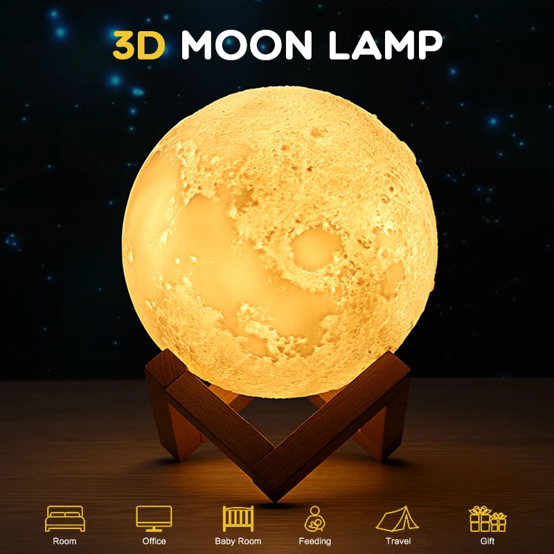 Перезаряжаемый 3D принт луна лампа 3 цвета Изменение сенсорный выключатель